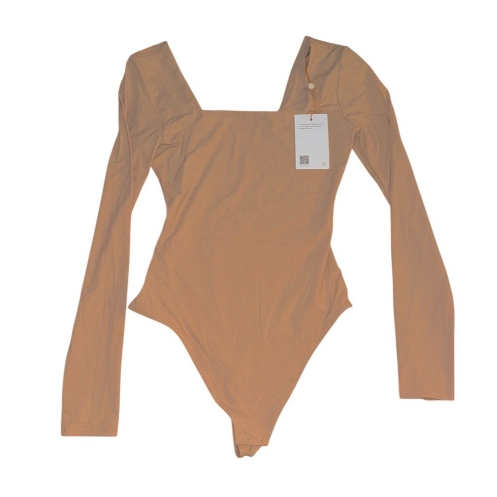 Quince Second Skin Bodysuit Womens XS Beige Square Neck Long Sleeve CMSL001